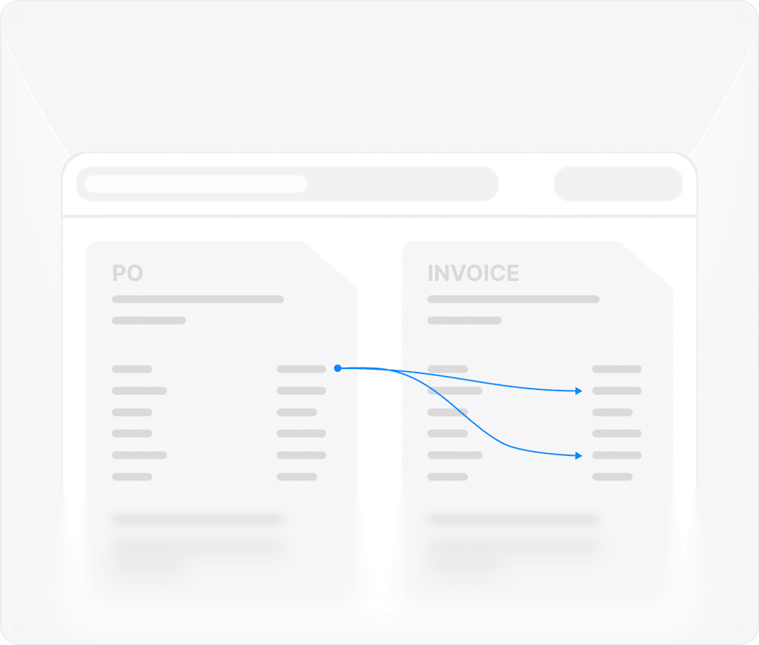 A purchase order and an invoice side by side with matching lines connected