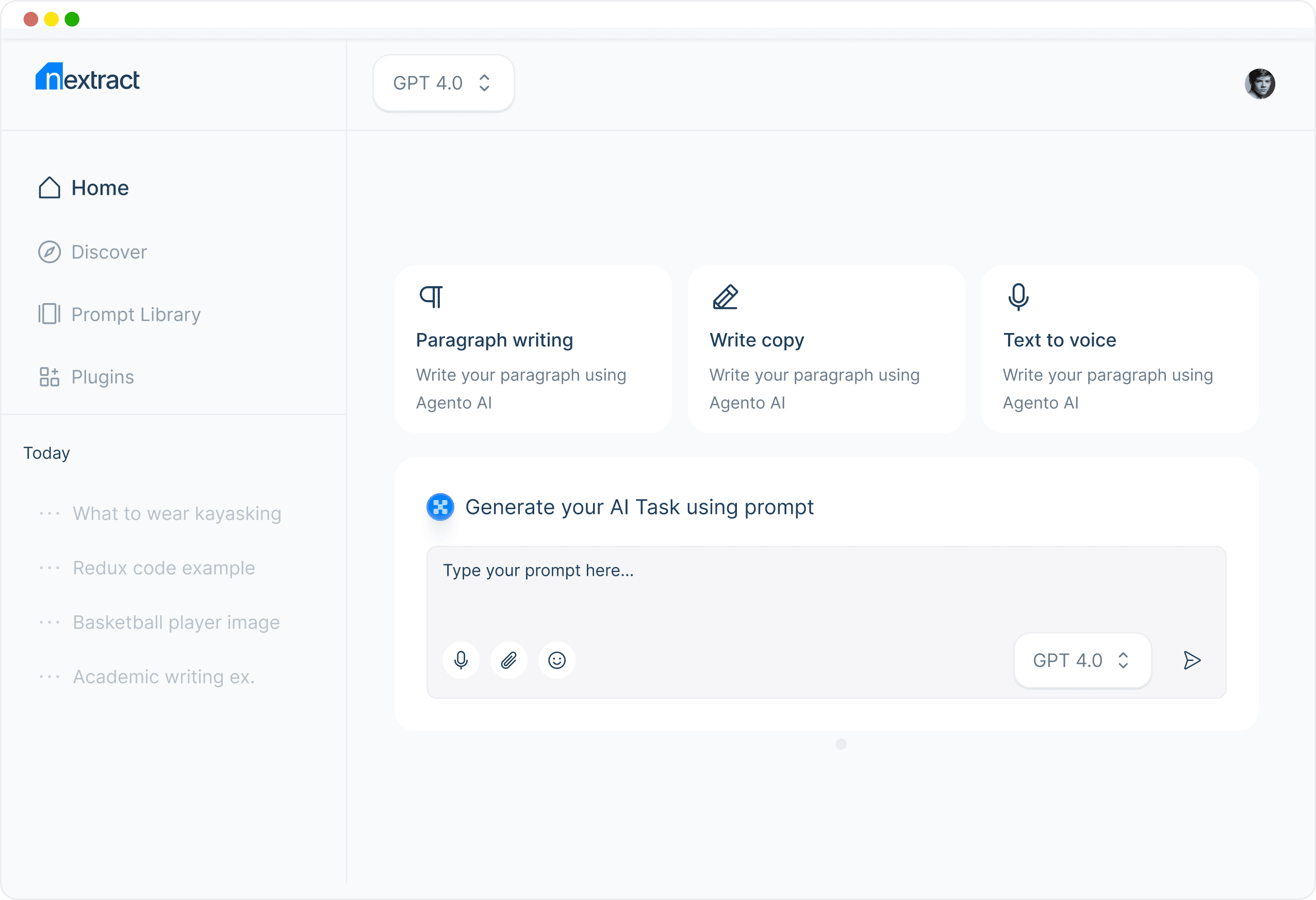 Nextract app with a sidebar (Home, Discover, Prompt Library, Plugins), a GPT 4.0 model picker and writing shortcuts
