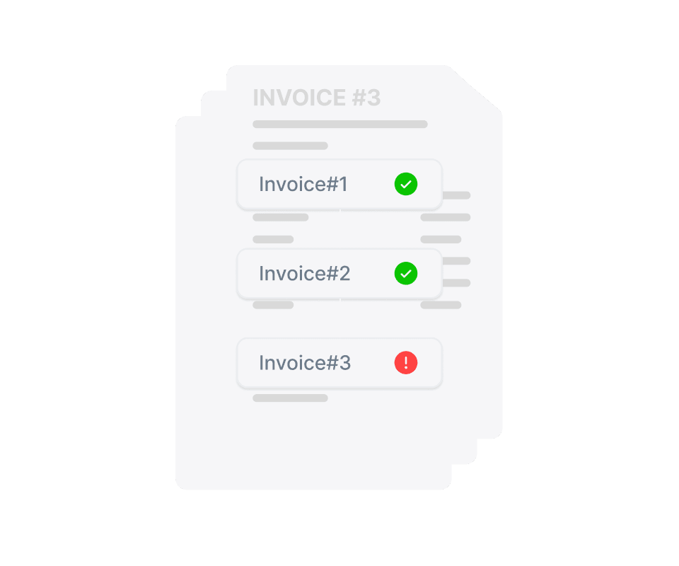 Three stacked invoices: Invoice#1 and Invoice#2 approved, Invoice#3 flagged