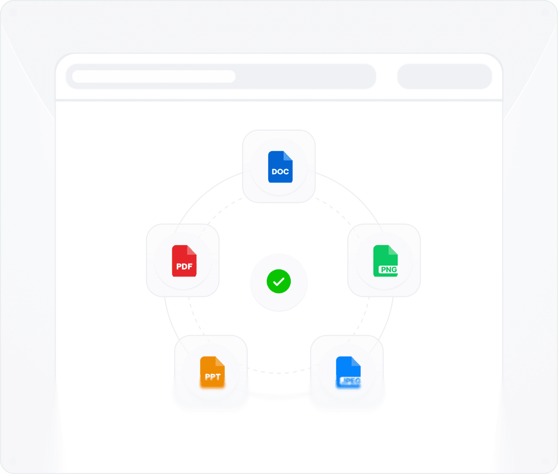 DOC, PNG, JPG, PPT and PDF files arranged around a central check mark